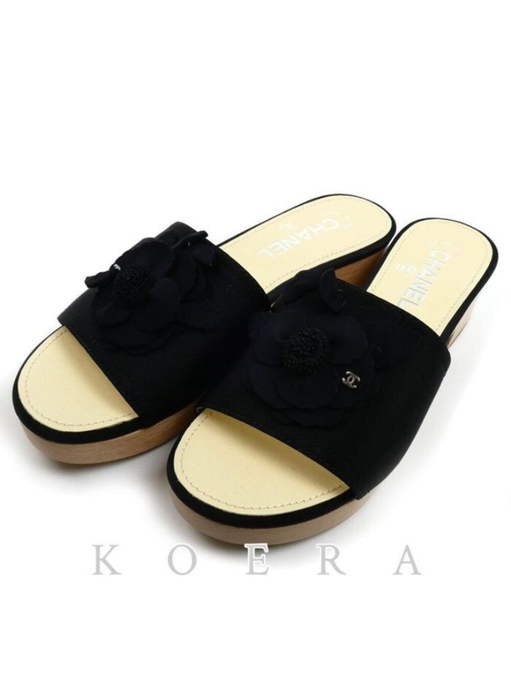 Chanel CC Logo Camellia Wood Sandals Black Beige
